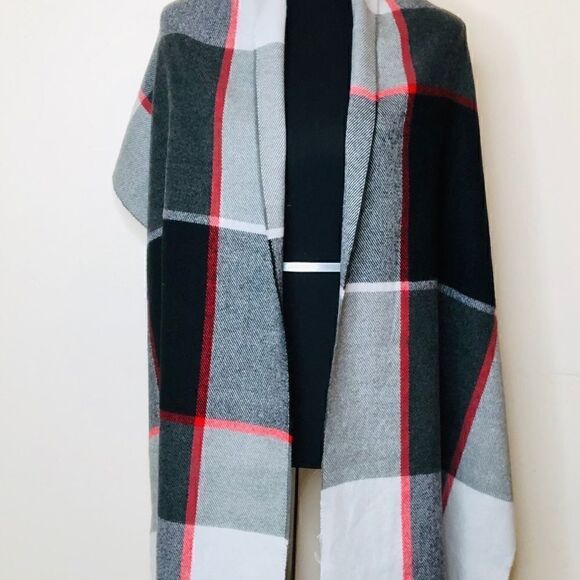 Gray & Red Plaid Winter Scarf – Soft Knit Fringe, Unisex - Picture 6 of 7